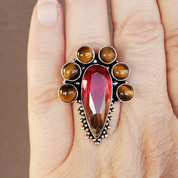 New Bi-Color Tourmaline & Tiger Eye 925 Silver Ring. - Picture 4 of 15